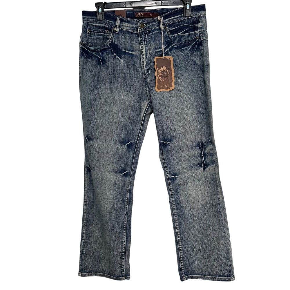 U-51 Women's‎ Size 16 Blue Wash Denim Jeans Distressed Embellished Angel Pockets